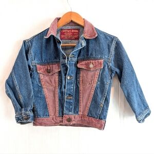 VINTAGE Kids Blue and Burgandy Denim Jean Bomber Jacket Size Medium